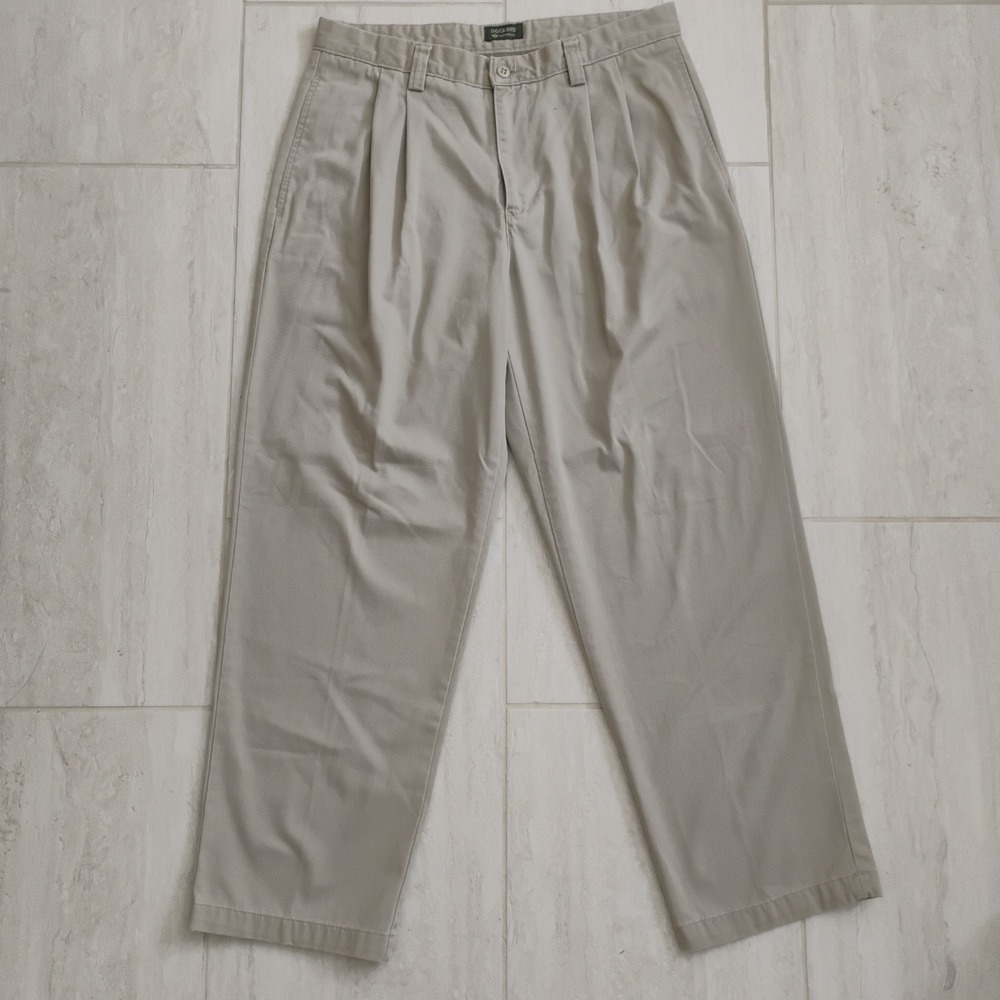 Dockers Authentic Khakis Pleated Pants Mens W34 L29 Beige Relaxed Fit Cotton